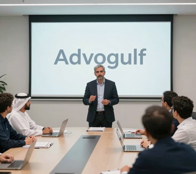Arab business professional leading a digital marketing seminar in a modern office conference room.