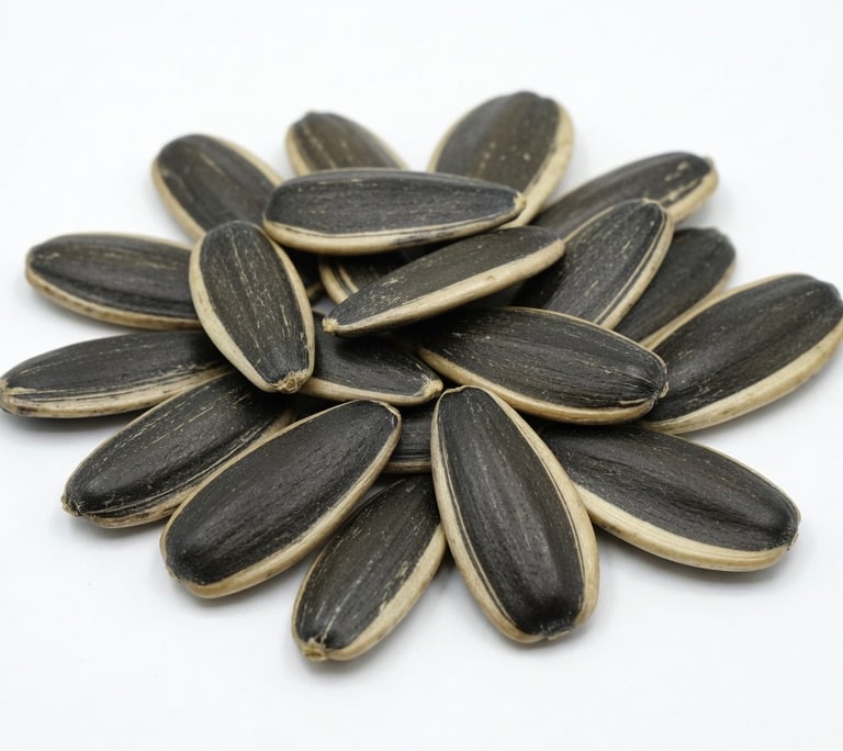 A pile of striped black and white sunflower seeds isolated on a plain white background.