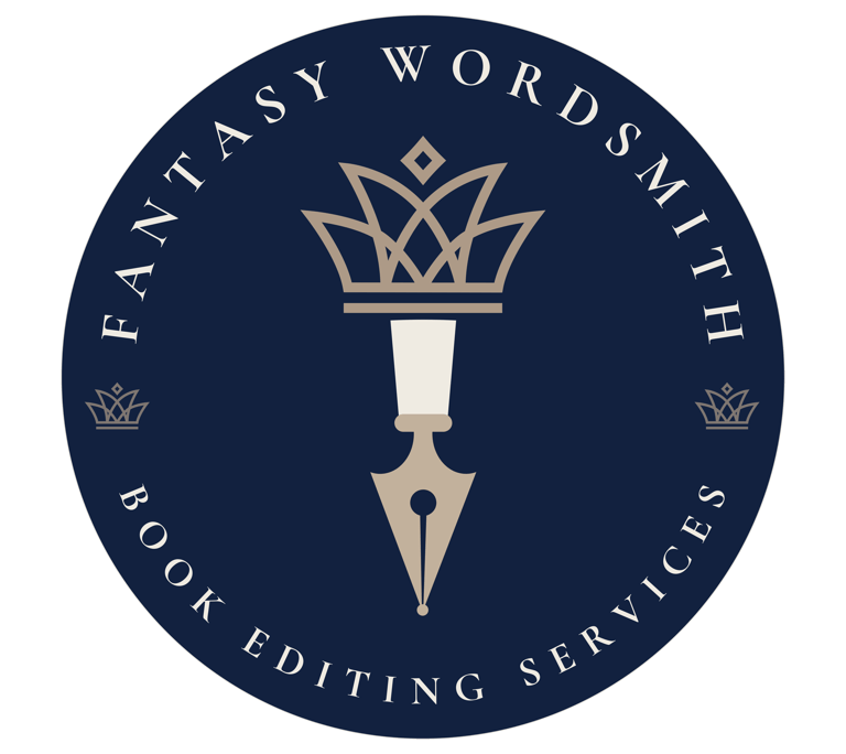 Fantasy Wordsmith logo featuring a fountain pen nib topped with a crown for book editing services.