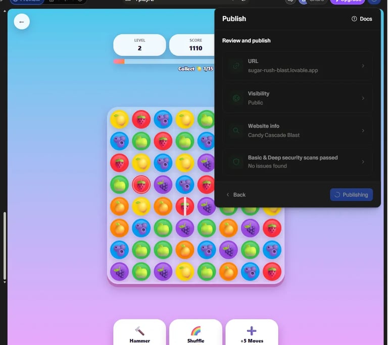 Published Sugar Rush Blast app running live after deployment using Lovable AI.