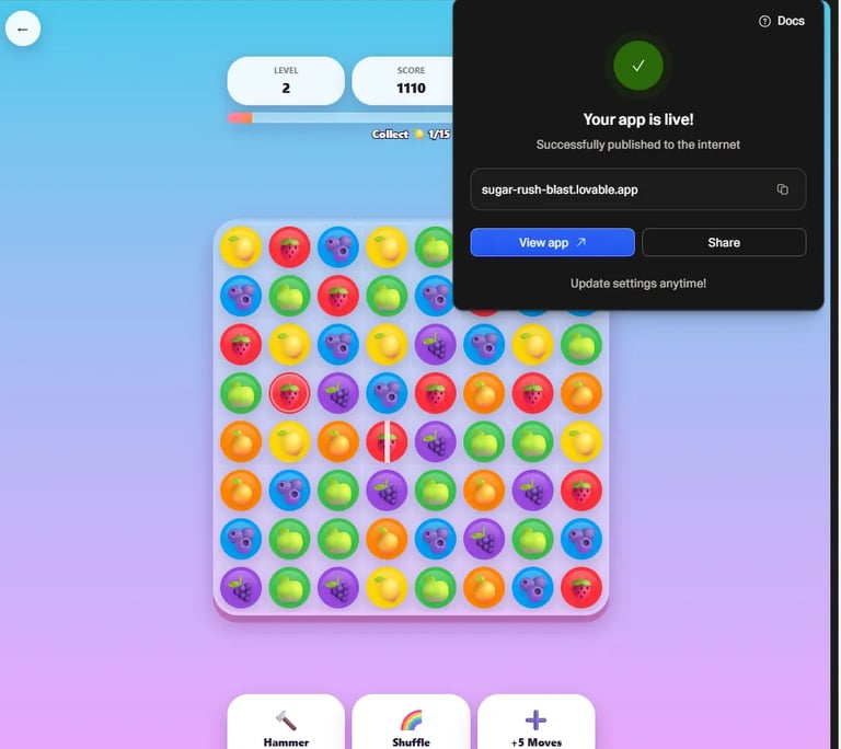 Lovable AI final deployment confirmation screen showing successful application publishing.