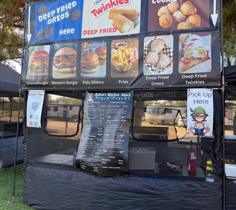 a food vendor tent with a menu on it