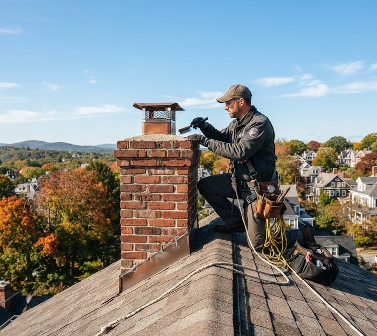 Wide panoramic shot of a certified chimney sweep on a roof, inspecting a sturdy brick chimney against a clear New England sky, tools visible, bright natural daylight, crisp focus.