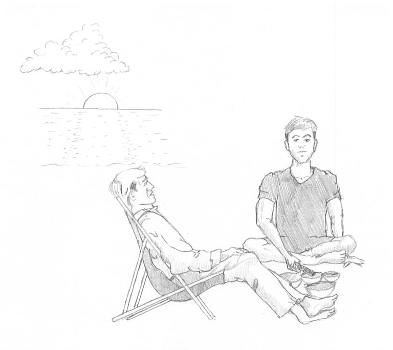 a man sitting in a chair with a another man and both peaceful