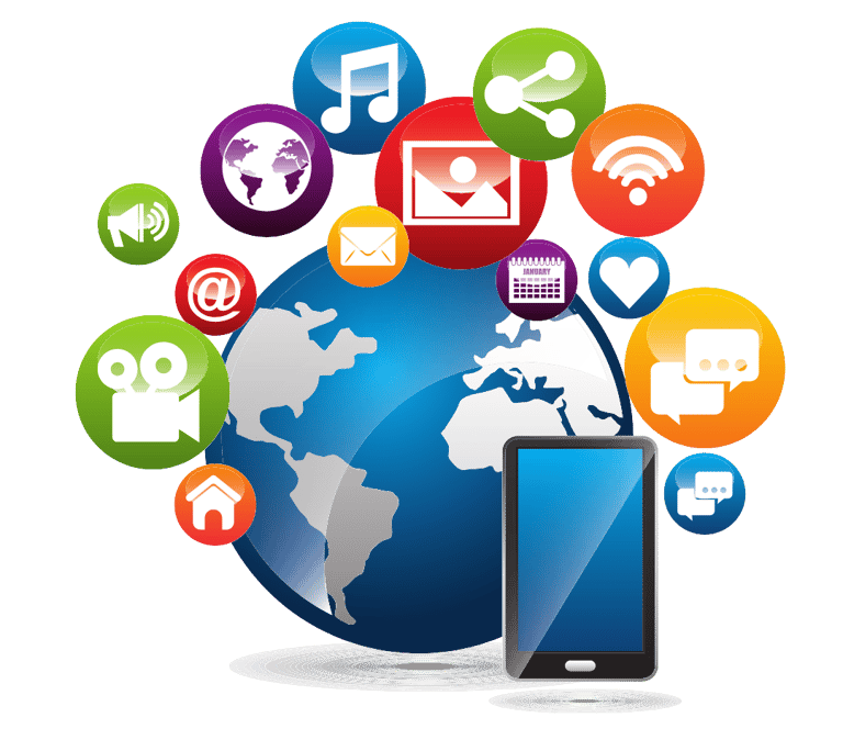 Globo terráqueo con íconos de redes sociales y compartición alrededor, simbolizando conexión global