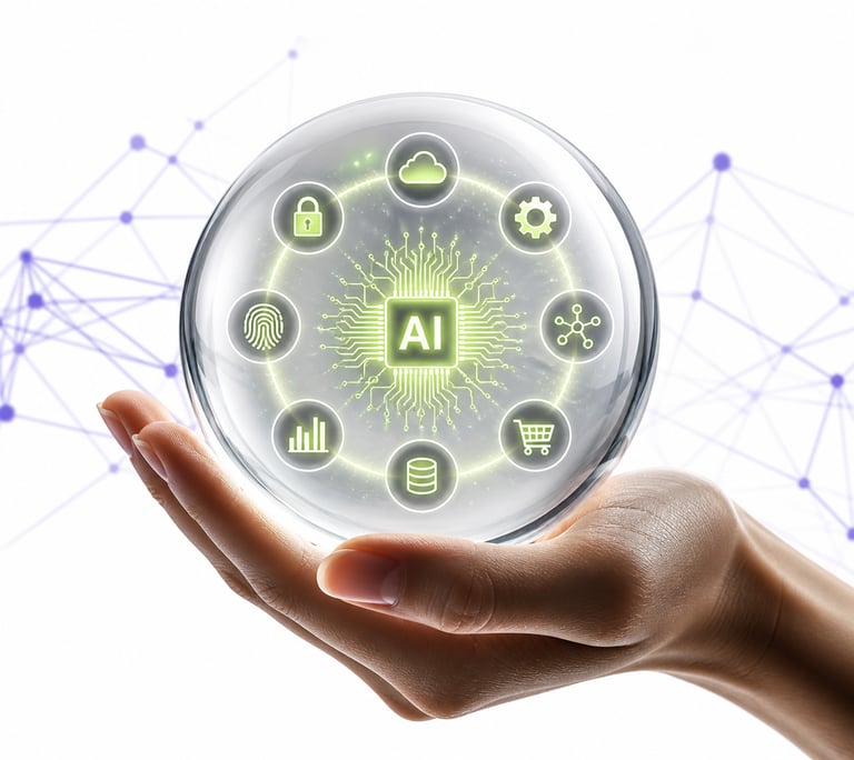 A hand holding a glowing crystal ball showcasing artificial intelligence icons and digital circuit patterns.