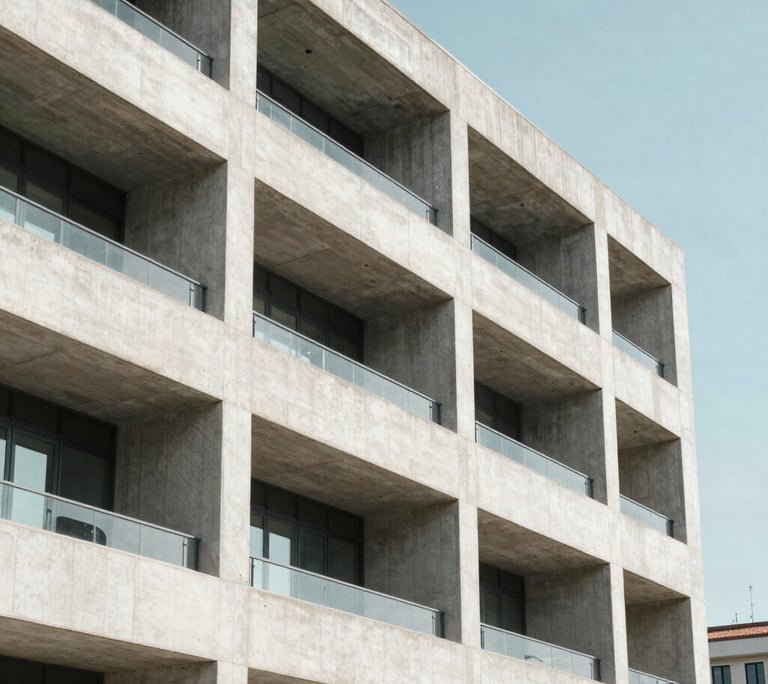 Striking architectural crop of a Lisbon tech hub, modern concrete lines, bright daylight, cool clean tones