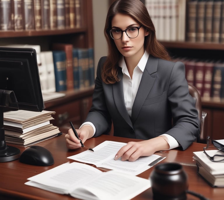 A focused lawyer reviewing case files in a sleek, modern office.