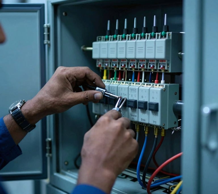 A close-up of a South Asian / Indian technician's hands and tools as they work on a complex electrical panel at a power station like NTPC. The scene is dominated by deep midnight blue and muted ocean blue, suggesting high-tech reliability. Professional industrial photography with a shallow depth of field.