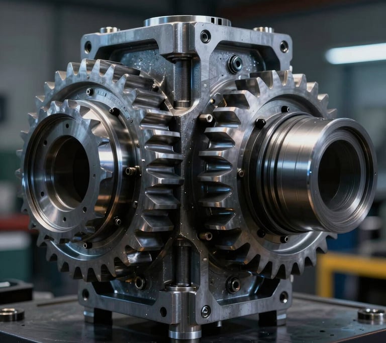 High-fidelity CAD assembly of a complex tractor gearbox with detailed gear teeth interfaces, illuminated by cool-toned technical studio lighting