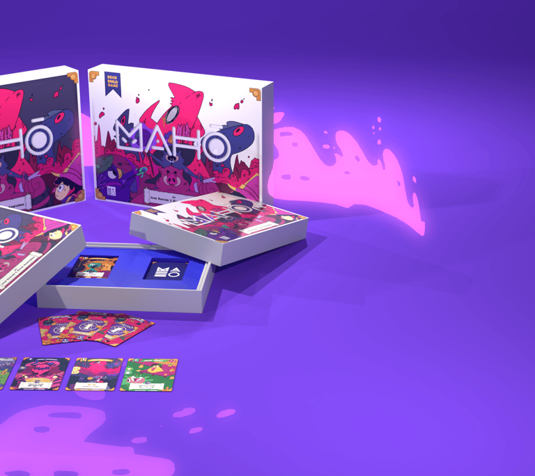 Caja con contenido de Maho, juego de mesa de construcción de mazos para 2 a 4 jugadores