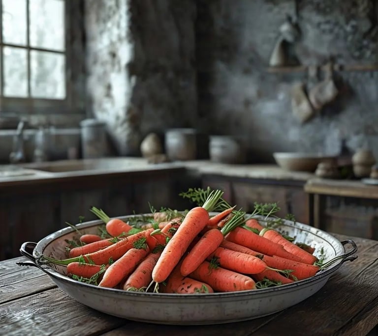 Des carottes dans un plat, posé sur une table en bois, dans une cuisine ancienne.