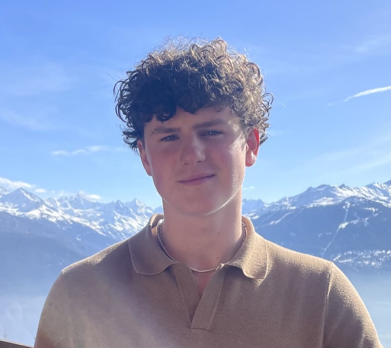 a young man in a brown shirt with snowy mountains in background
