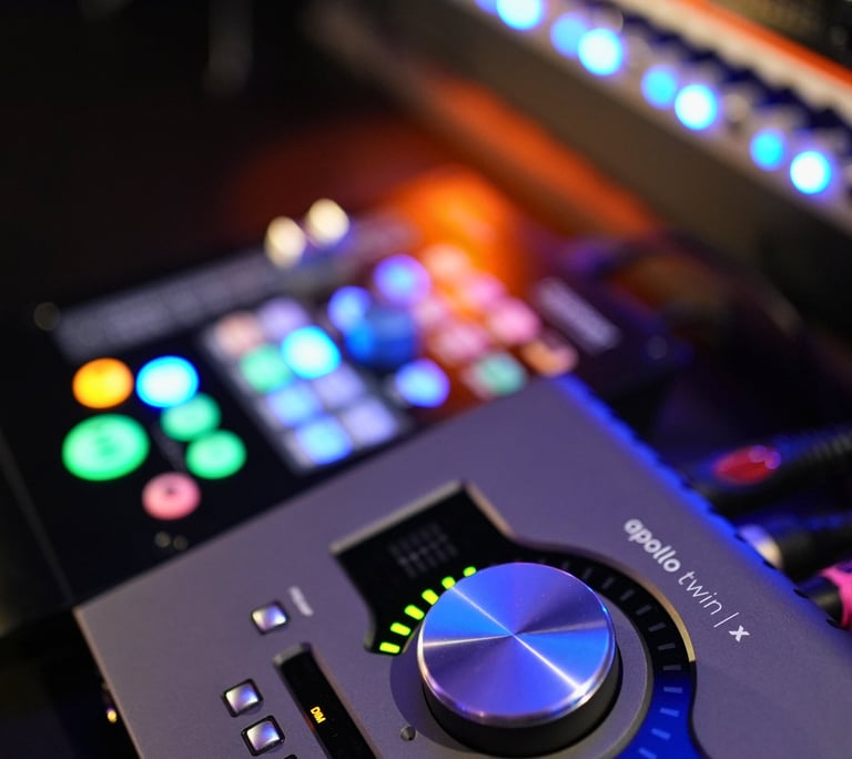 Close-up of a Universal Audio Apollo Twin audio interface on a mixing desk in a recording studio.