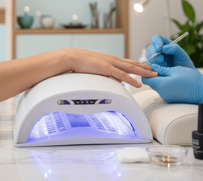 a woman getting her nails done by a manicure