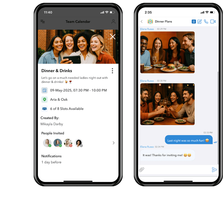 two iphones with a picture of friends having ladies night, girls night, dinner, drinks, hangouts.