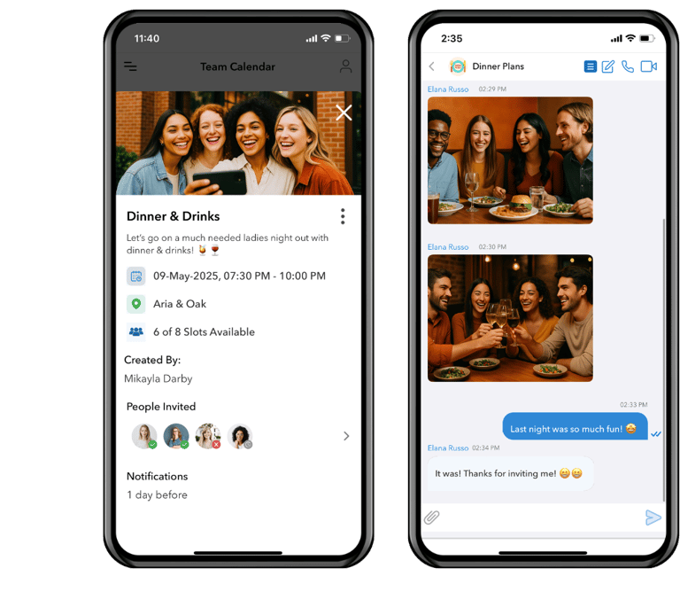two iphones with a picture of friends having ladies night, girls night, dinner, drinks, hangouts.