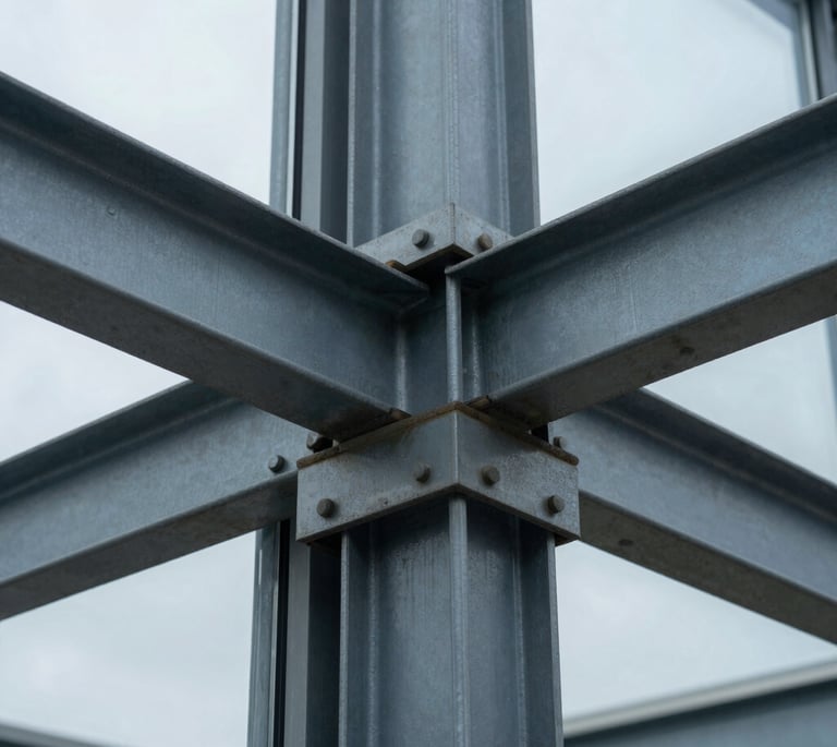 Extreme macro detail of structural steel joints and heavy architectural glass, cool overcast lighting.