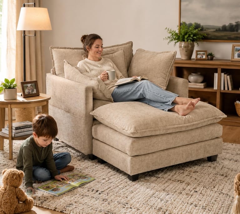 A woman relaxes on a beige chaise lounge chair while a young boy reads on the rug in a cozy living room.
