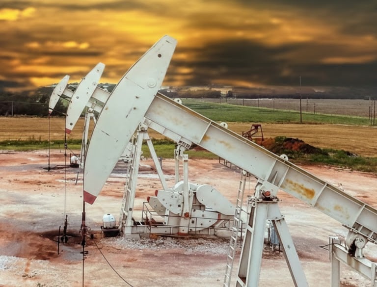 White oil pump jacks extracting crude oil in a field under a dramatic sunset sky.