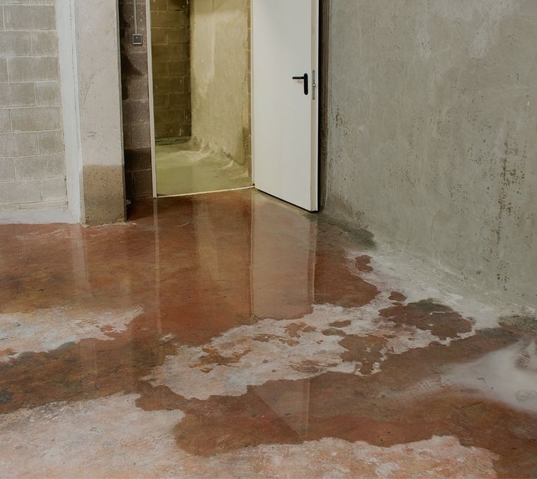 alt="Flooded basement with standing red-colored water spreading across concrete floor"