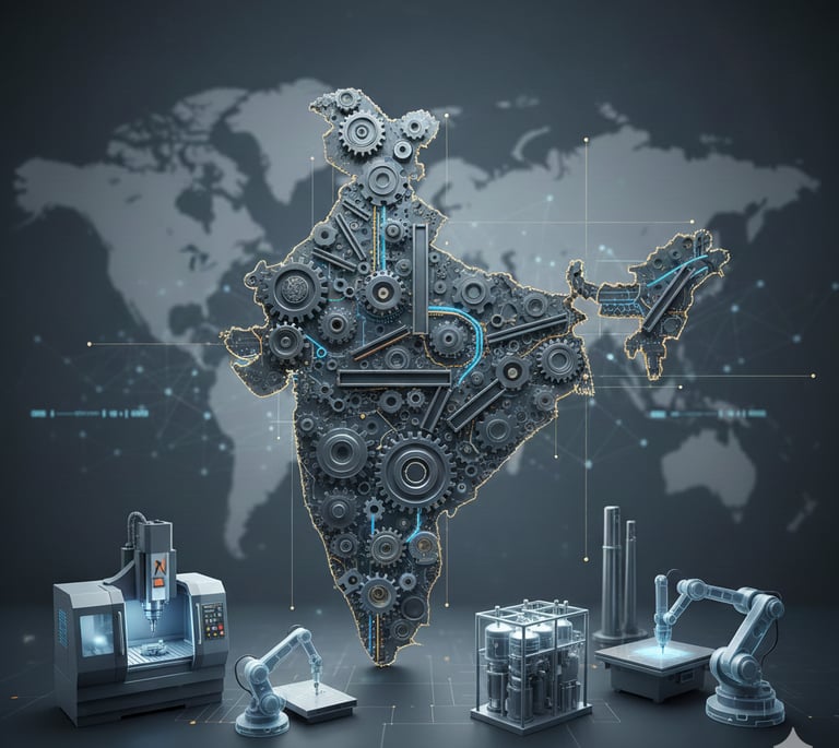 Digital illustration of India’s map constructed from gears, CNC machines, and industrial robotics, r