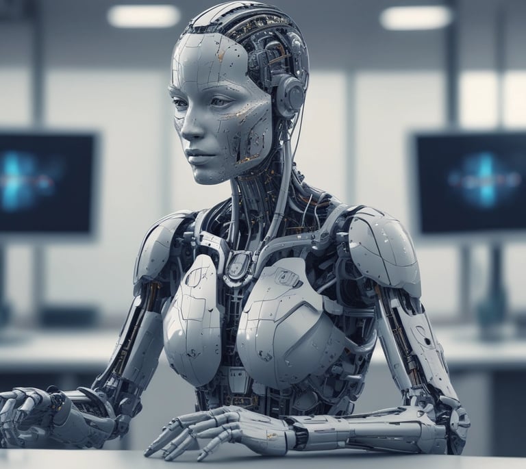 A small, round robot with a smooth white surface and blue accents operates a blue laptop on a sleek, floating platform. The robot has glowing eyes and an antenna on its head, with an 'AI' emblem on its front.