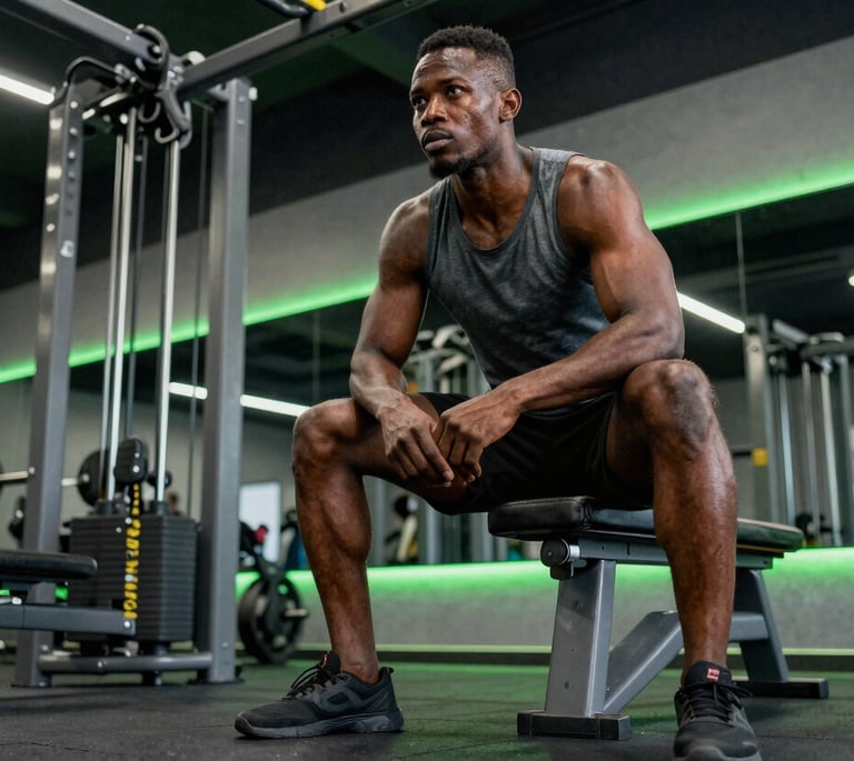 A powerful low-angle photograph of a personal trainer in a modern Abuja fitness studio, West African / Nigerian setting. The scene is illuminated with electric green neon accents against dark gray gym equipment, capturing a moment of intense focus and discipline.
