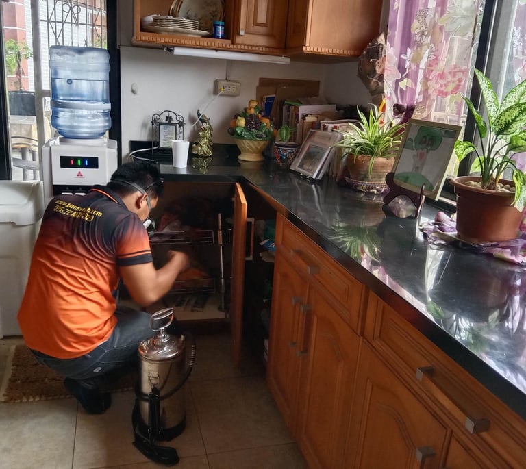 Jansen pest control technician spraying cabinets for ants and cockroaches using a hand sprayer.