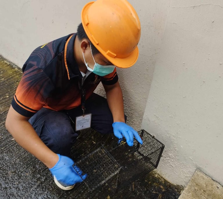 A pest control worker in a hard hat sets a metal rat trap cage outdoors.