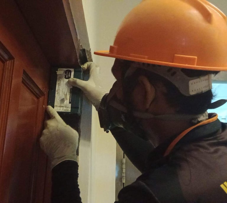 A pest control professional wearing a hard hat and mask inspects a wooden door frame for termite damage.