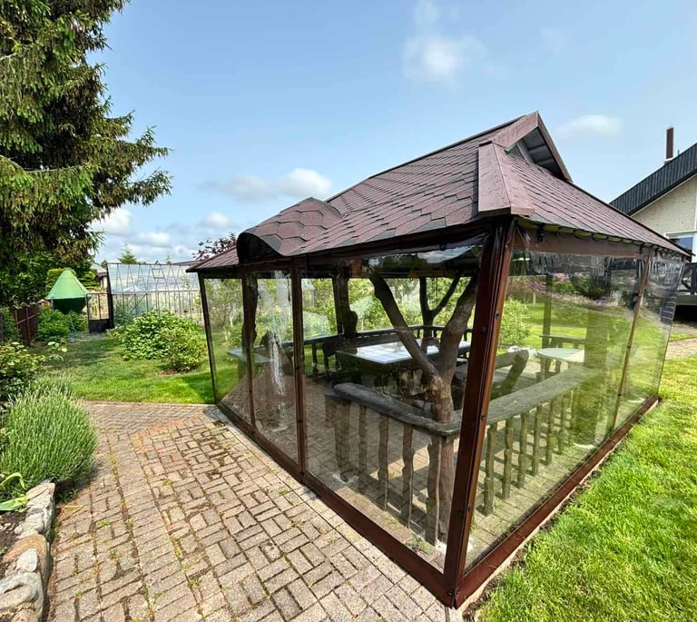 pavėsinė su tentu tentas rudas skaidrus