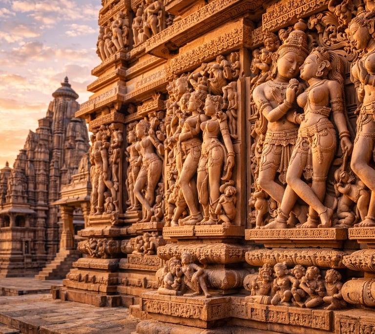 Khajuraho UNESCO heritage site - stone sculptured walls