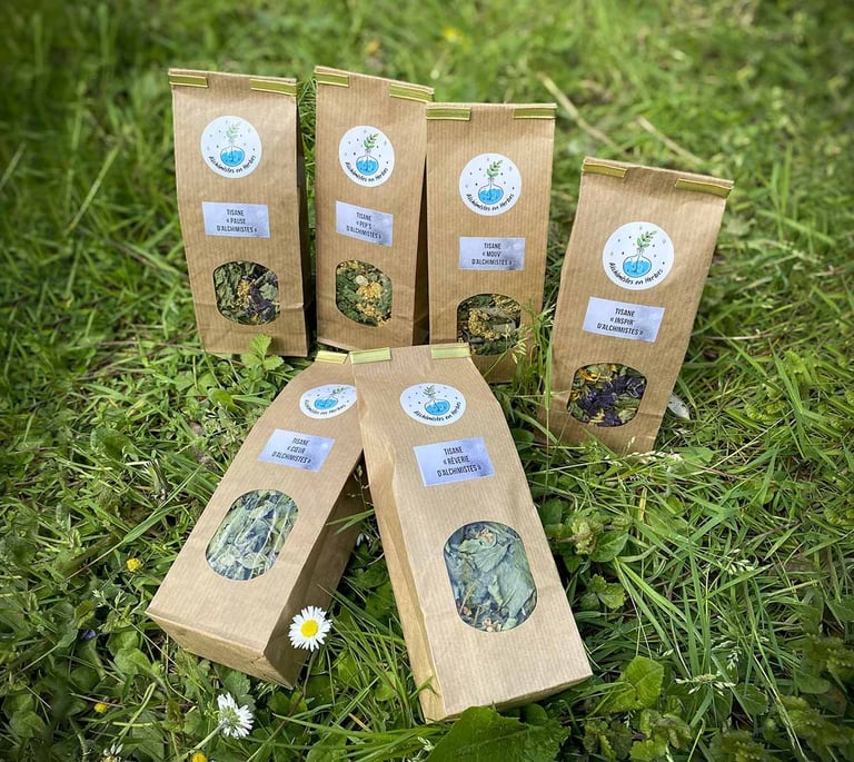 différents sachets de tisanes posés sur l'herbe, composées entièrement de plantes
