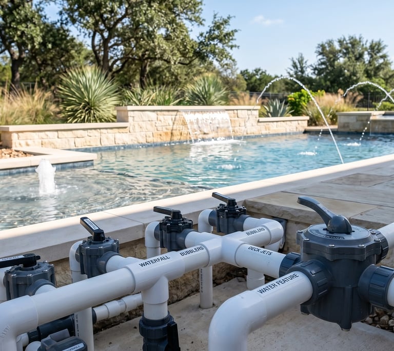 Pool water feature plumbing and valves in Round Rock TX