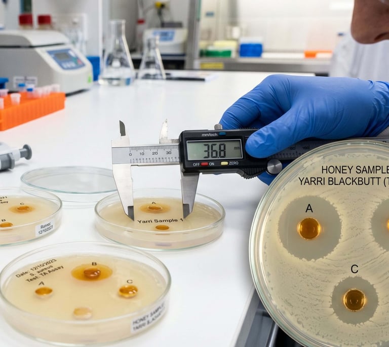Scientist using digital calipers to measure honey antibacterial activity in a Petri dish laboratory test.