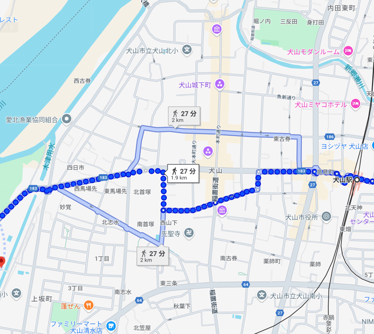 犬山駅から犬山中への道のり