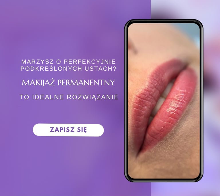 Makijaż permanentny ust, zbliżenie na usta po zabiegu.