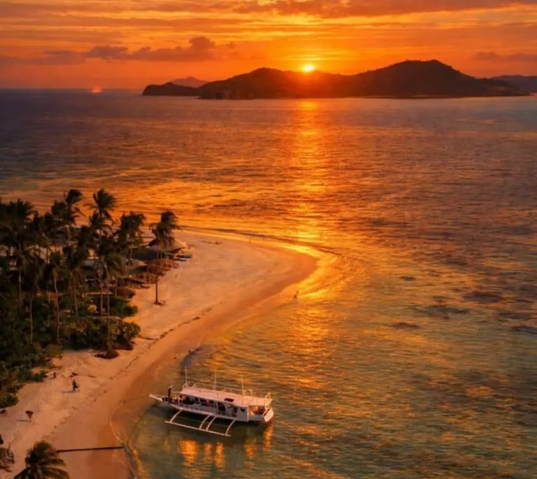 Traditional boat sailing in El Nido bay during a golden sunset dinner cruise