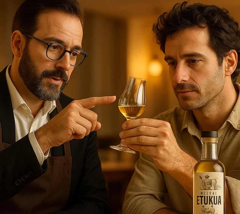 Sommelier de Etukua y un cliente analizando el color y aroma de un mezcal artesanal para evaluar su 