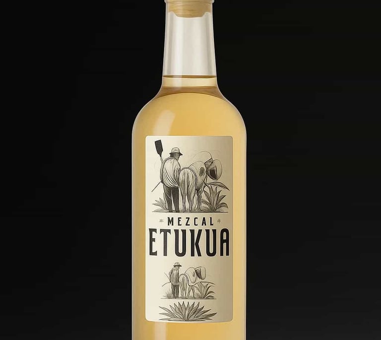 Botellas de mezcal artesanal Etukua alineadas, una semivacía, representando una oferta por tiempo li