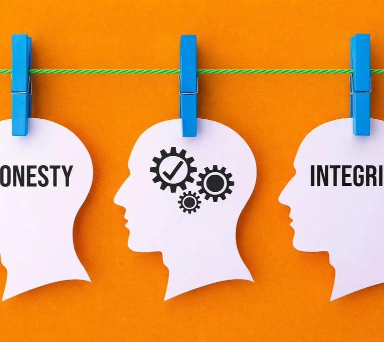 3 silhouettes showing honesty, gears and integrity