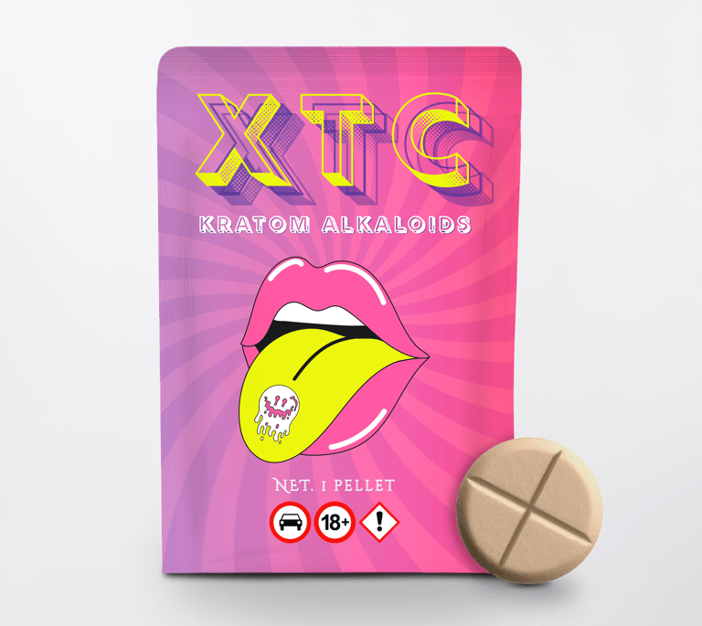 Pink pouch of XTC Kratom Alkaloids next to a single tan mitragynine extract pellet.