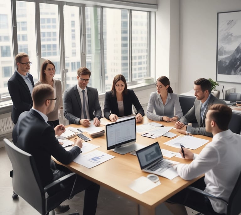 Portraits of professional consultants in a modern office setting.