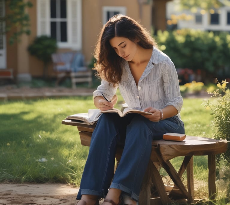 A woman writing in a journal surrounded by nature.