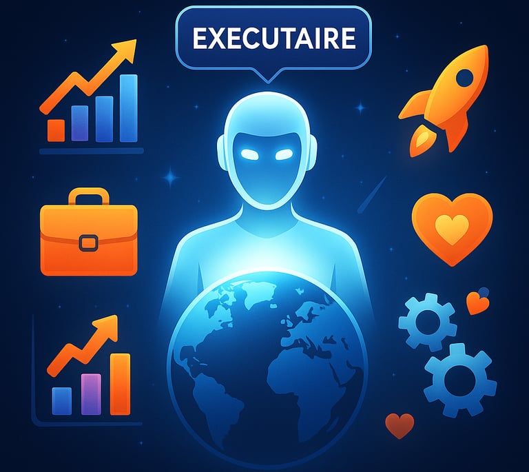 Promotional visual of AI Executaire, the multilingual AI business strategist offering automation and marketing solutions.