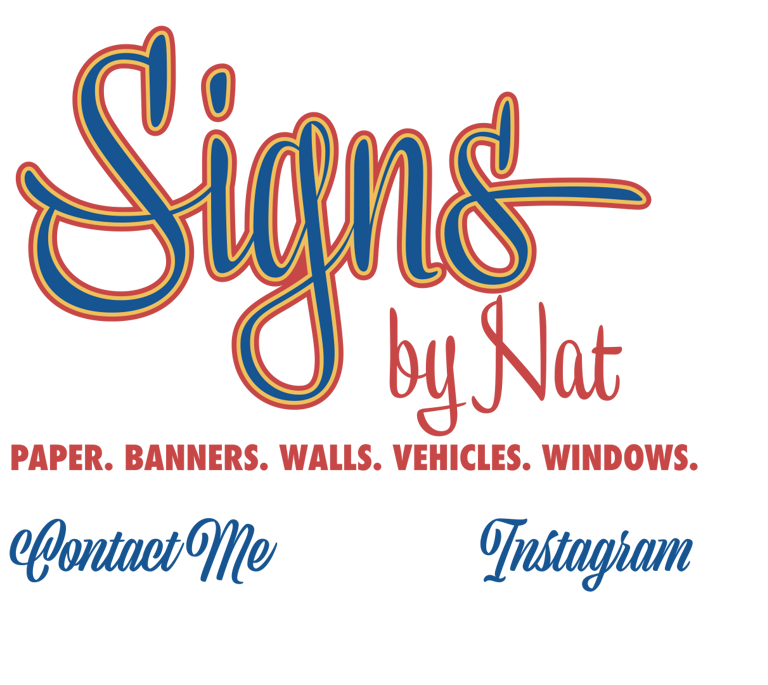 Graphic of a Logo that says: Signs by Nat. Custom Signs, storefronts, murals and gold leaf.