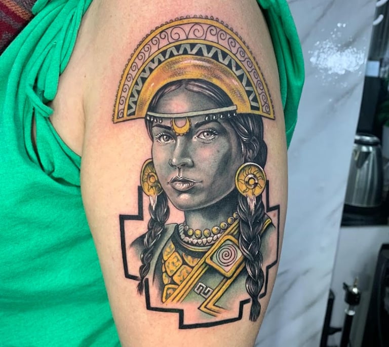 Inca princess tattoo on the arm of a woman. Created in Miraflores for international client.