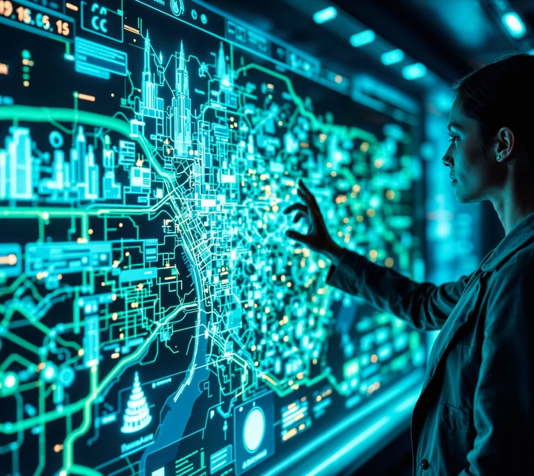 A woman interacting with a futuristic digital interface showing a glowing 3D city data visualization map.