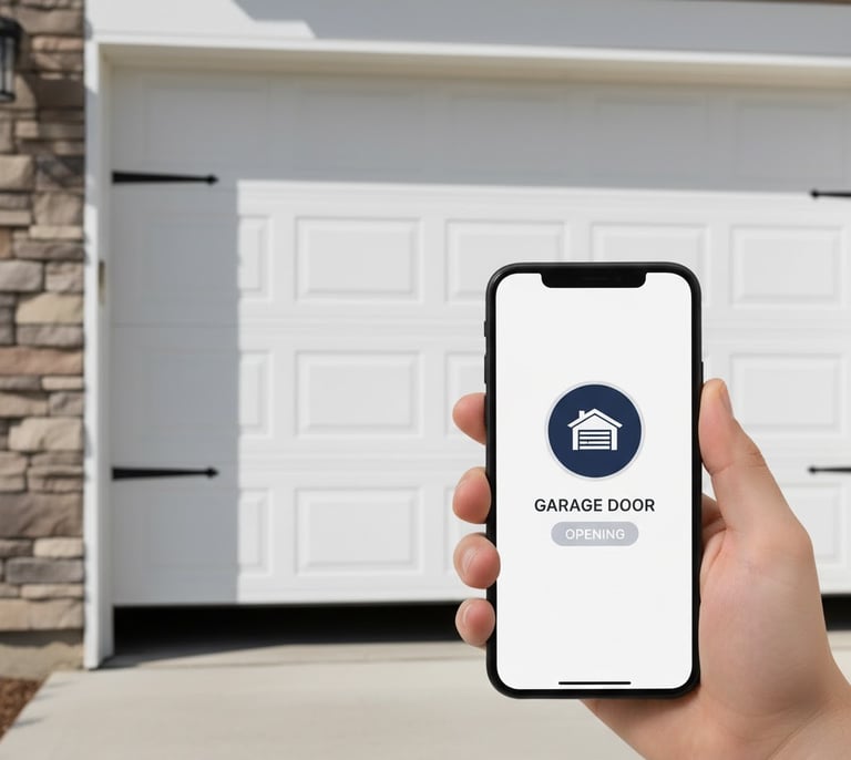 Photo of persons hand holding a phone with a smart opener to open their garage door